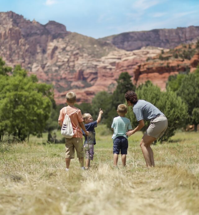 Children and mother hiking in a field.