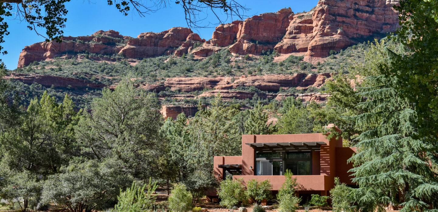 Casita Exterior with red rocks in the distance