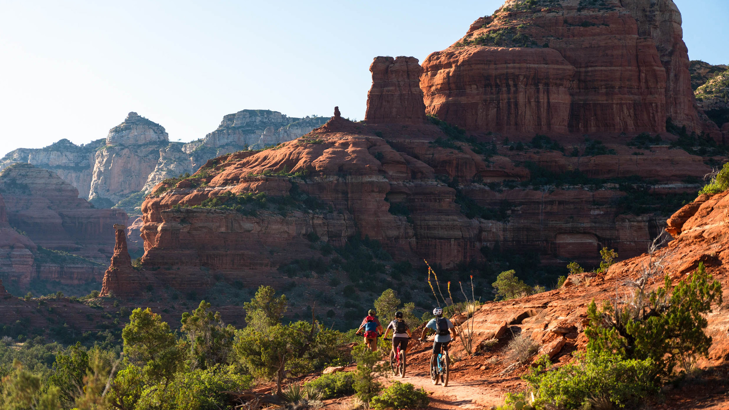mountain bikers in sedona on trail in red rocks