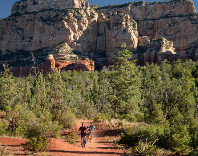 Mountain bikers on trail with mountain in the background