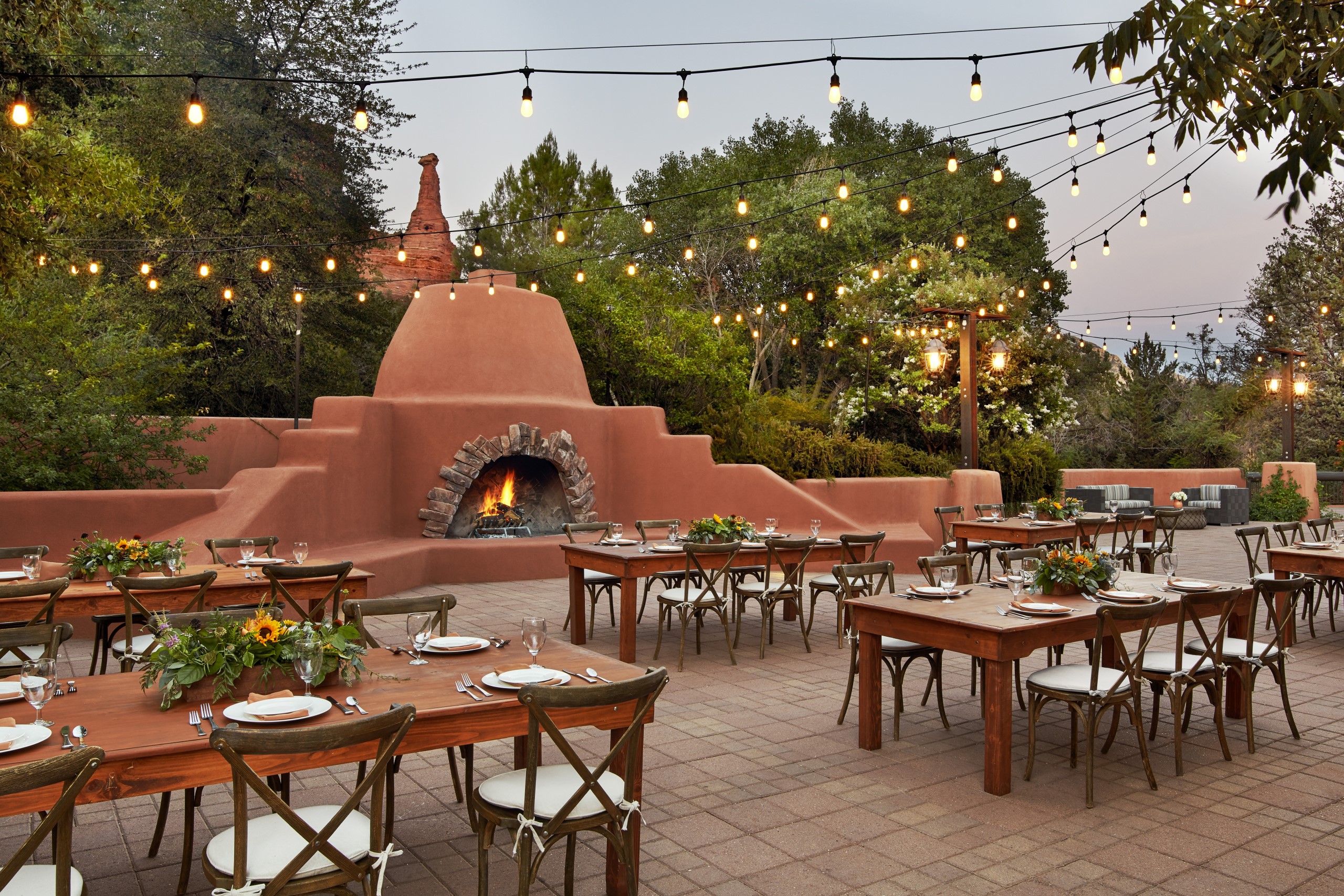 Meeting area on the Village Terrace with a southwest style fireplace.