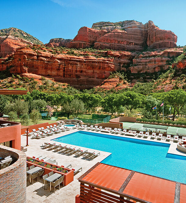 Enchantment Resort pool with red rocks in background