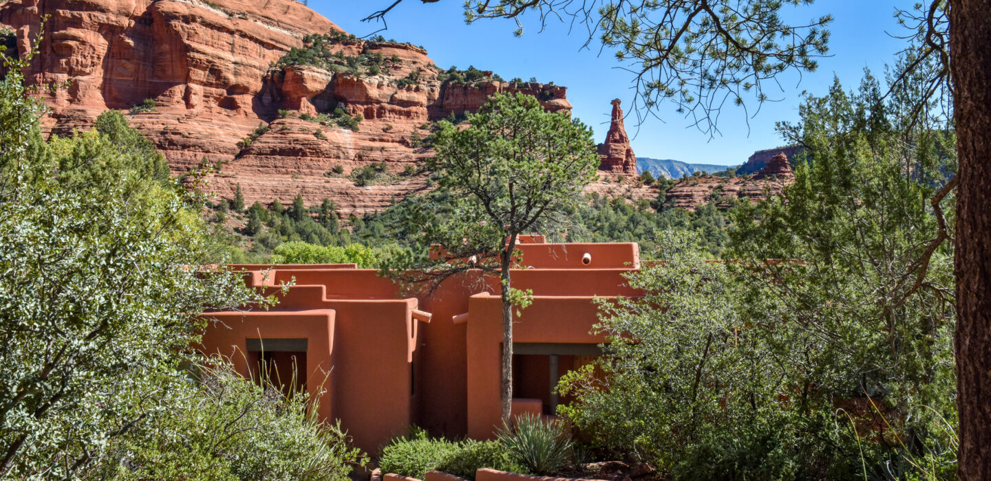 clay colored casita with Kachina woman rock formation