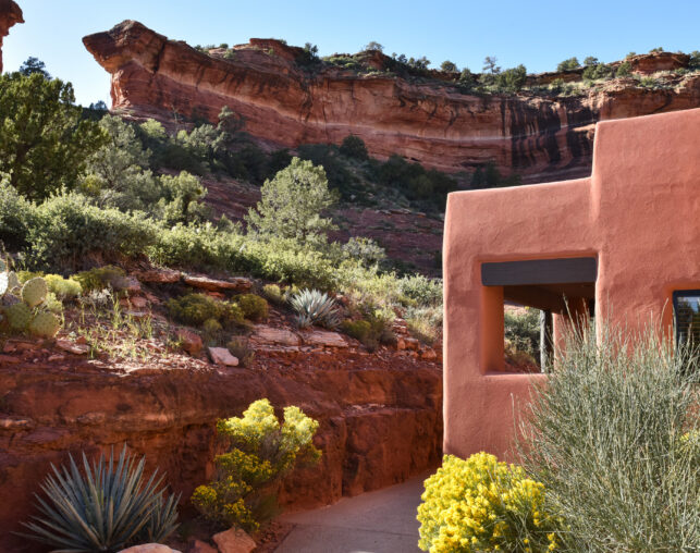 casita with yellow flowers and red rocks