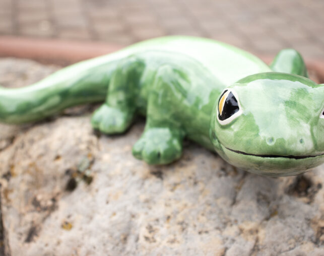 green lizard pottery piece on rock