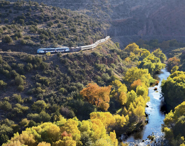 train on side of mountain with green trees and river below