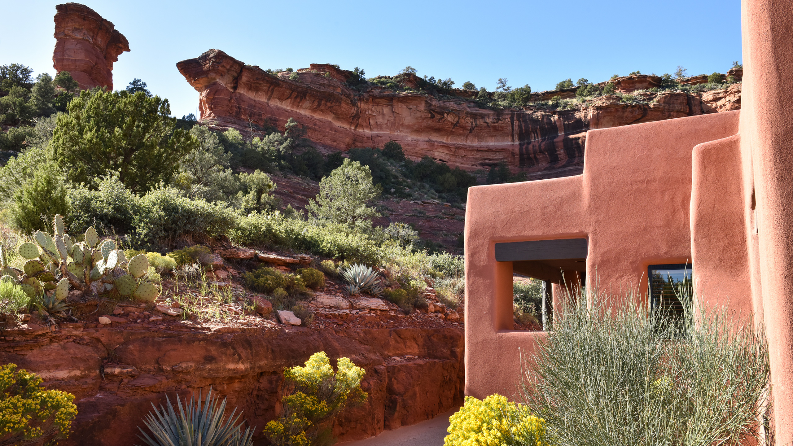 casita with yellow flowers and red rocks