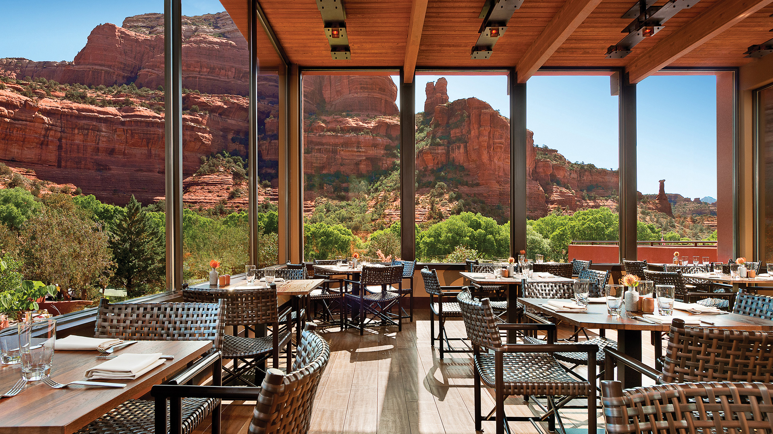 interior of restaurants with large picture windows