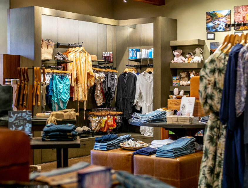 gift shop with clothing racks and sundries