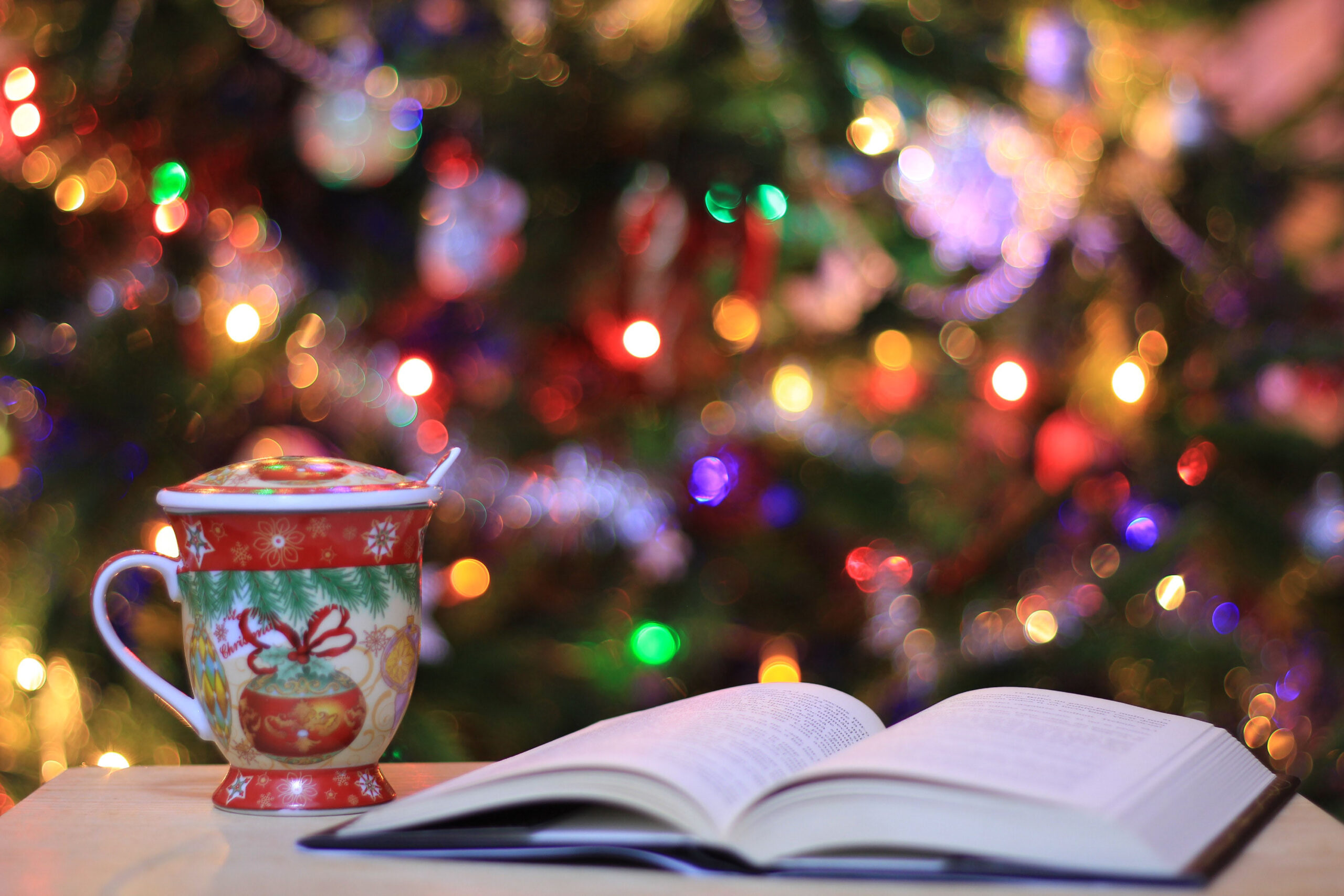 mug and book with holiday lights in background