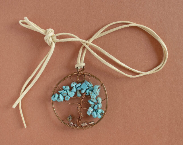 Wire beaded Tree of Life necklace on leather cord