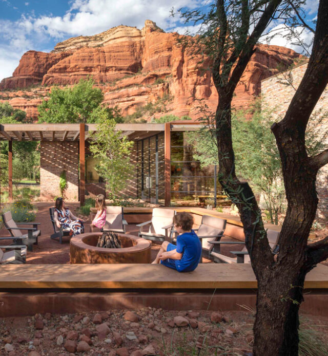 Trail House Exterior with Family